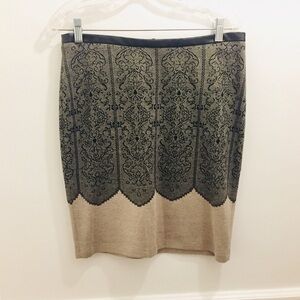 Anthropologie Yoana Baraschi Lace Print Skirt 8 black tan knit pencil